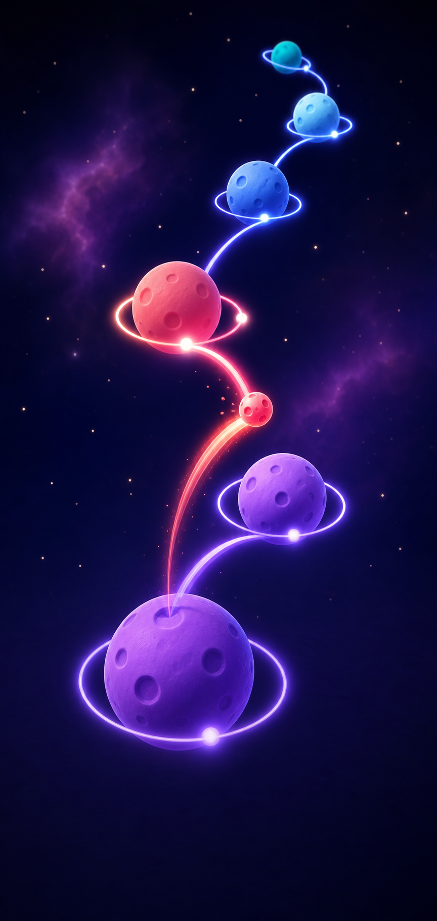PeriHop gameplay art showing a comet arcing between glowing planetary orbits